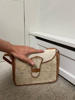Vintage Cream Haircalf Crossbody with Tan Leather Trim
